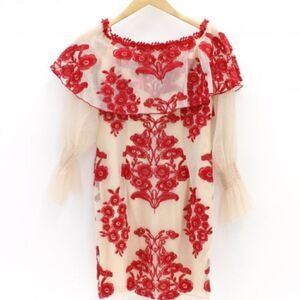 Forever Unique Rosier Frill Lace Foral Embroidered Holiday Dress Red Nude Tan 12